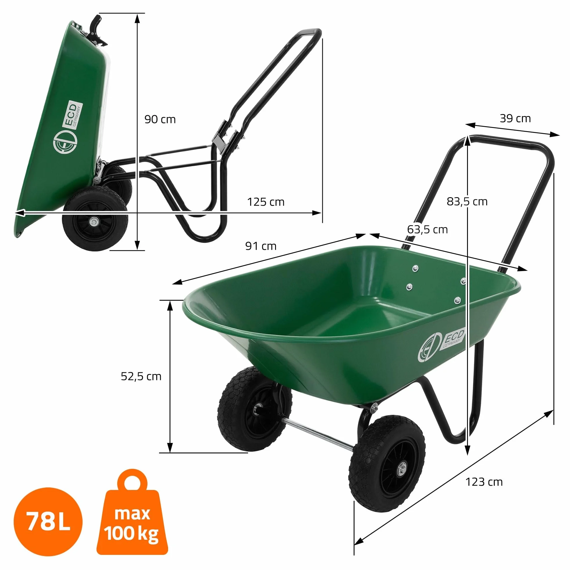 ECD Germany Carretilla de Jardín con Función Basculante de 78 L Carro de Mano para Obras con 2 Ruedas de PU y Cubeta de PP Herrameinta de Empuje Estructura de Acero con Capacidad de Carga de 100 kg