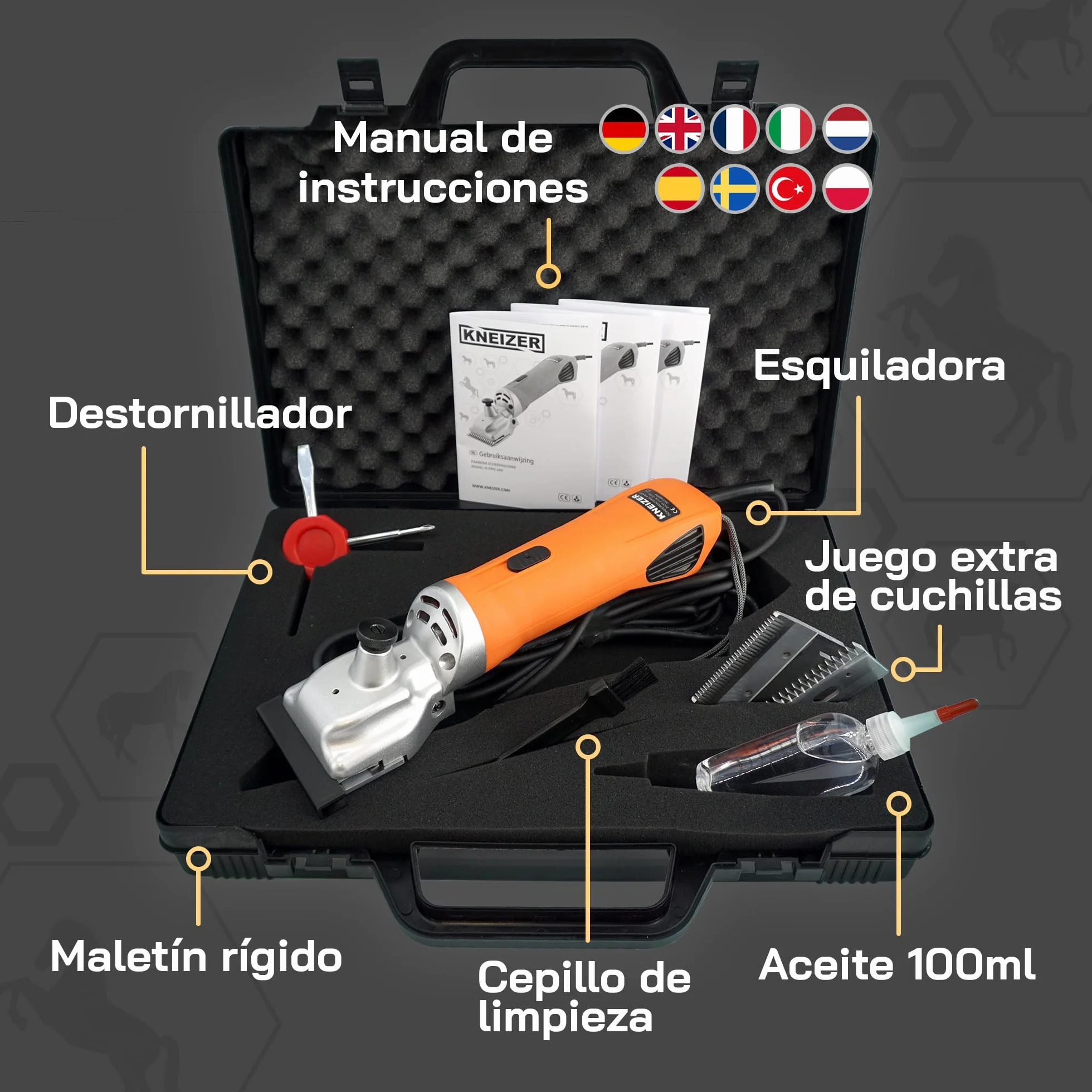 Esquiladora Caballos - Con cuchillas intercambiables – Silenciosa y de bajas vibraciones – Tranquilidad para el caballo – Adecuada para todo tipo de pelajes y partes del cuerpo