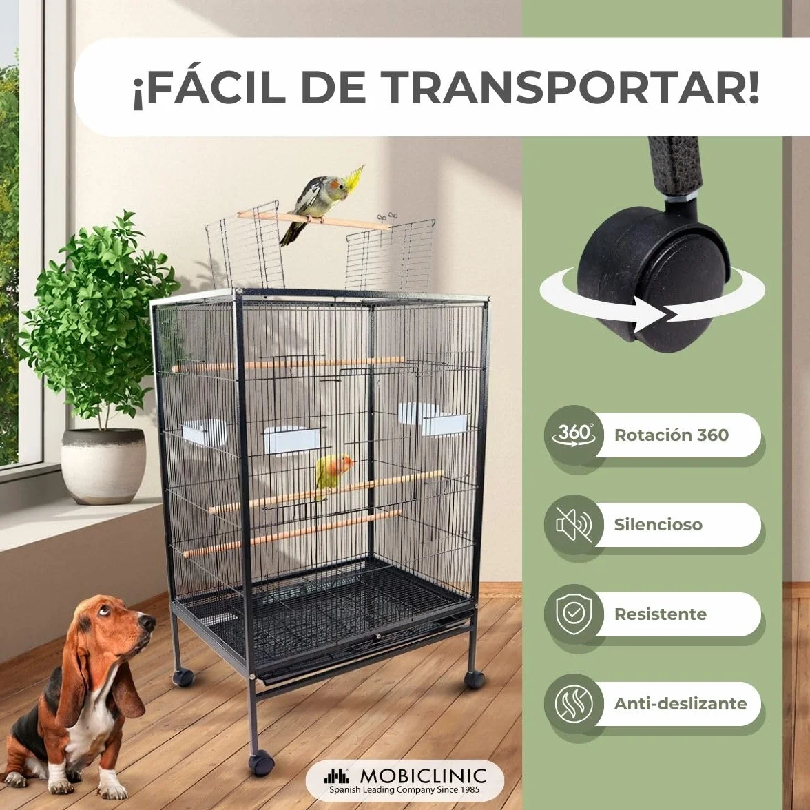 Mobiclinic®, Jaula de Pájaros, XL, con Ruedas, Frenos, Apertura Superior, Bandeja Extraíble, 8 Puertas, Grande, 95x43x61.5 cm, Comederos, Bebederos, Perchas Descanso, Agapornis, Loros, NINFA