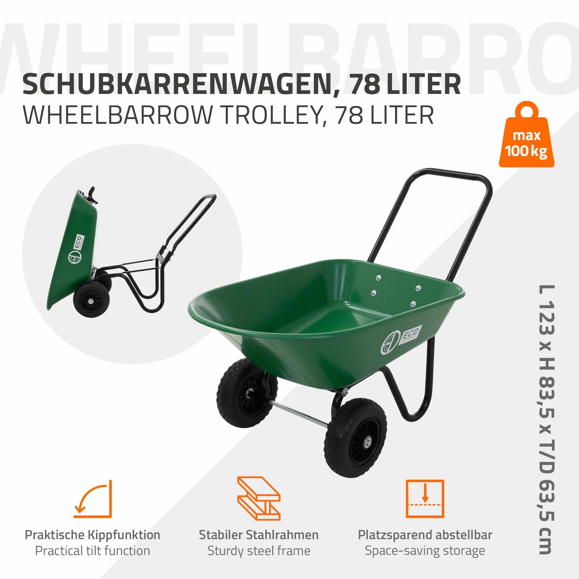 ECD Germany Carretilla de Jardín con Función Basculante de 78 L Carro de Mano para Obras con 2 Ruedas de PU y Cubeta de PP Herrameinta de Empuje Estructura de Acero con Capacidad de Carga de 100 kg