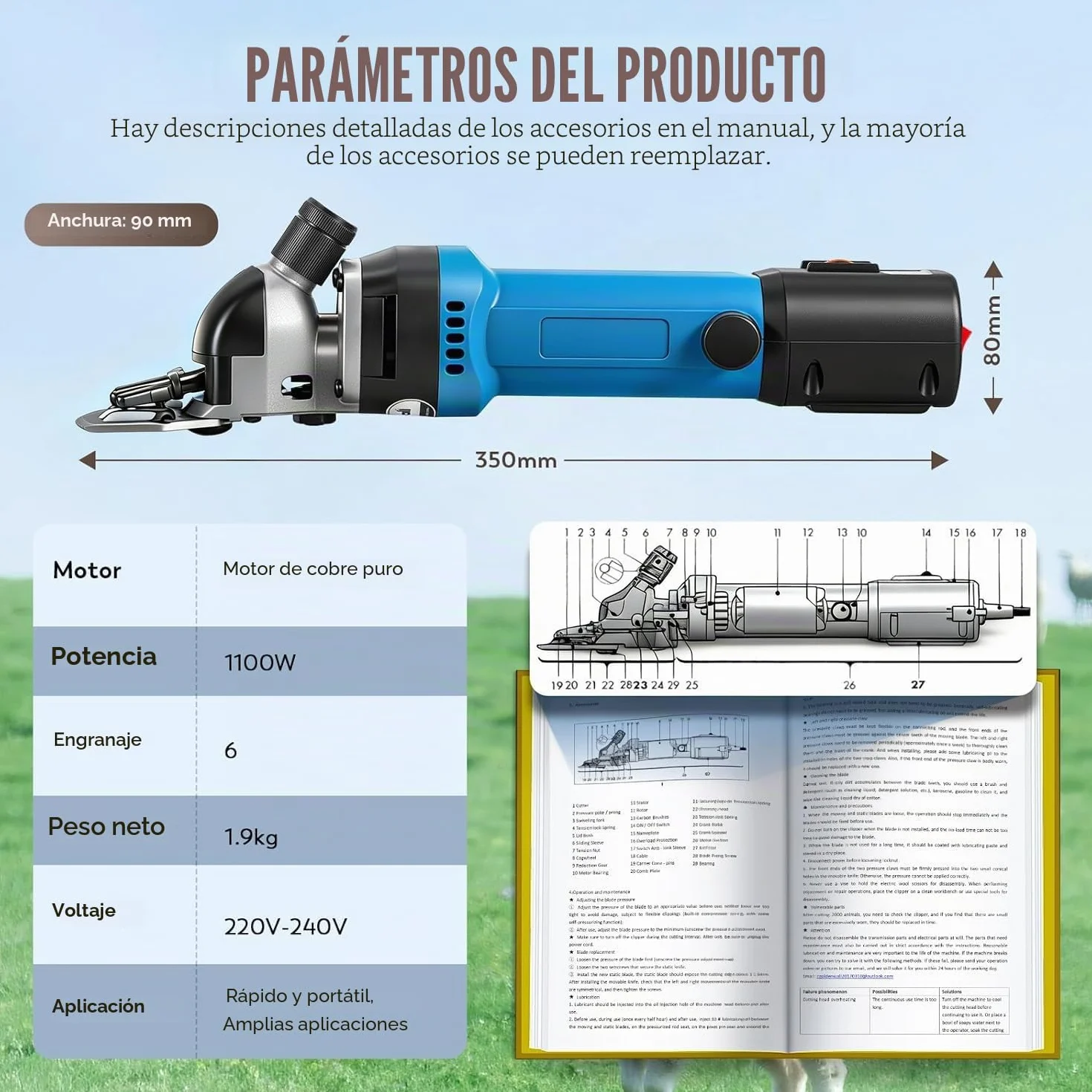 Esquiladora para Oveja Profesional 690W 2400RPM CGOLDENWALL, Máquina Esquilar Ovejas Cabra Alpaca con 6 Ajuste de Velocidad, Cable Largo 5m - Aceite lubricante Incluido (Cuchilla Recta de 13 Dientes)