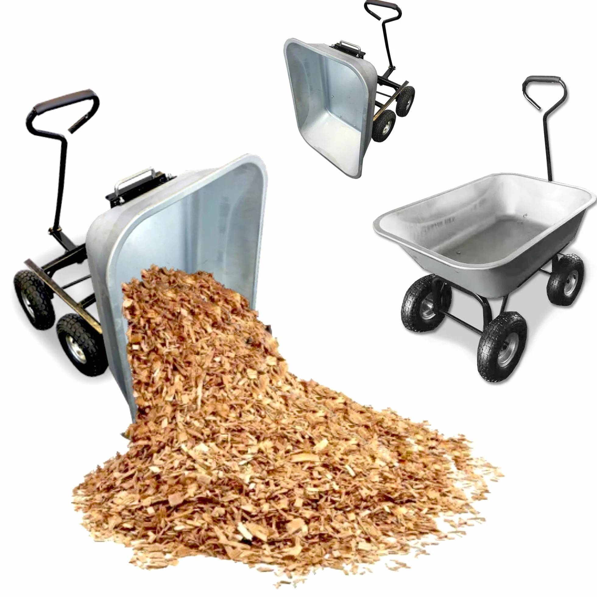 Carretilla Manual de Jardín 75L - Carrito de Jardin con cubeta basculante 4 Ruedas hinchables Ø 260 mm - Capacidad de Carga máx. 250 KG - Mango Largo - 86 x 60,5 CM - Metal galvanizado