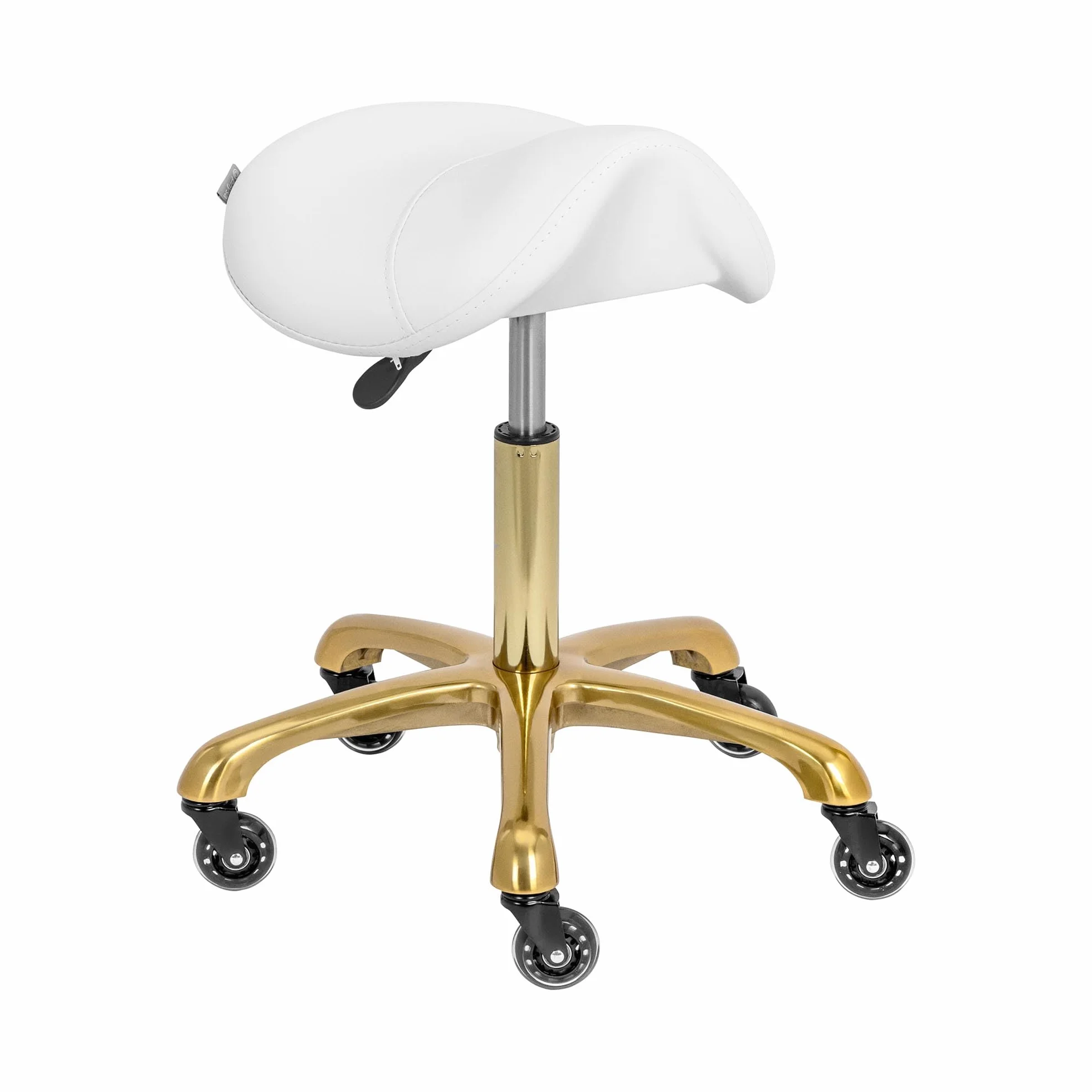 physa Taburete de Estética con Ajuste de Altura 55-70 cm para hasta 150 kg Blanco y Dorado Taburete de oficina tipo silla de montar Taburete pony Taburete de estética con ruedas