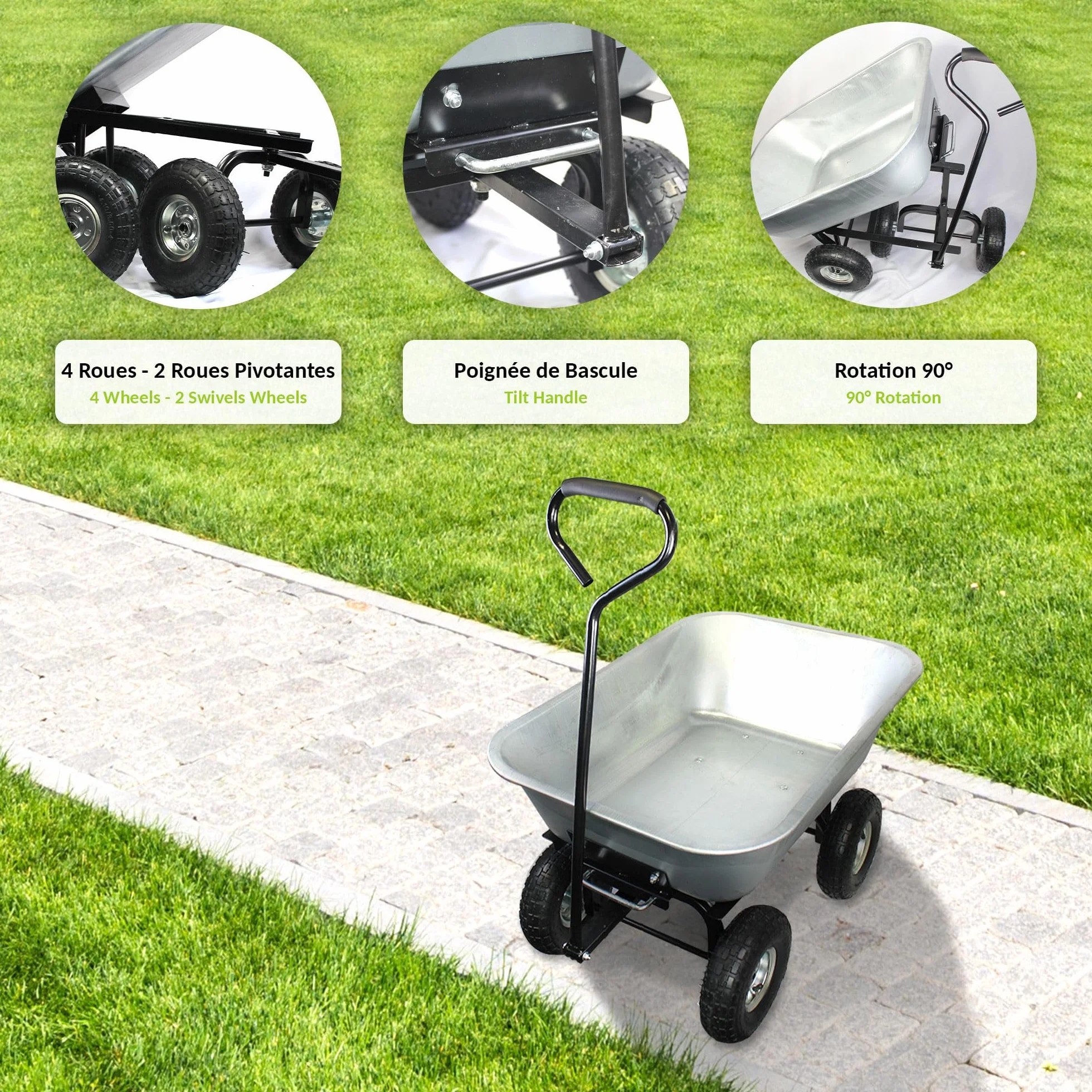Carretilla Manual de Jardín 75L - Carrito de Jardin con cubeta basculante 4 Ruedas hinchables Ø 260 mm - Capacidad de Carga máx. 250 KG - Mango Largo - 86 x 60,5 CM - Metal galvanizado