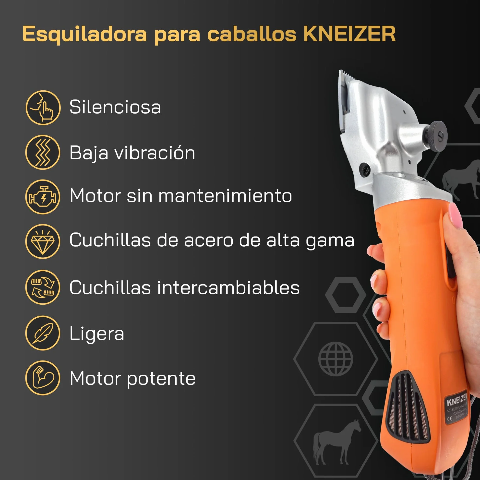 Esquiladora Caballos - Con cuchillas intercambiables – Silenciosa y de bajas vibraciones – Tranquilidad para el caballo – Adecuada para todo tipo de pelajes y partes del cuerpo