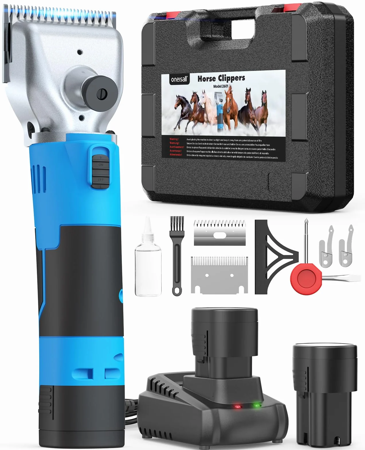oneisall Maquina pelar Caballos de 2 Bateria, Profi Esquiladora Caballos para Pelo Grueso y Enmarañado, Maquina esquilar Caballos con motor potente de 2400 PRM/MIN, Apto para todo el cuerpo (Azul)