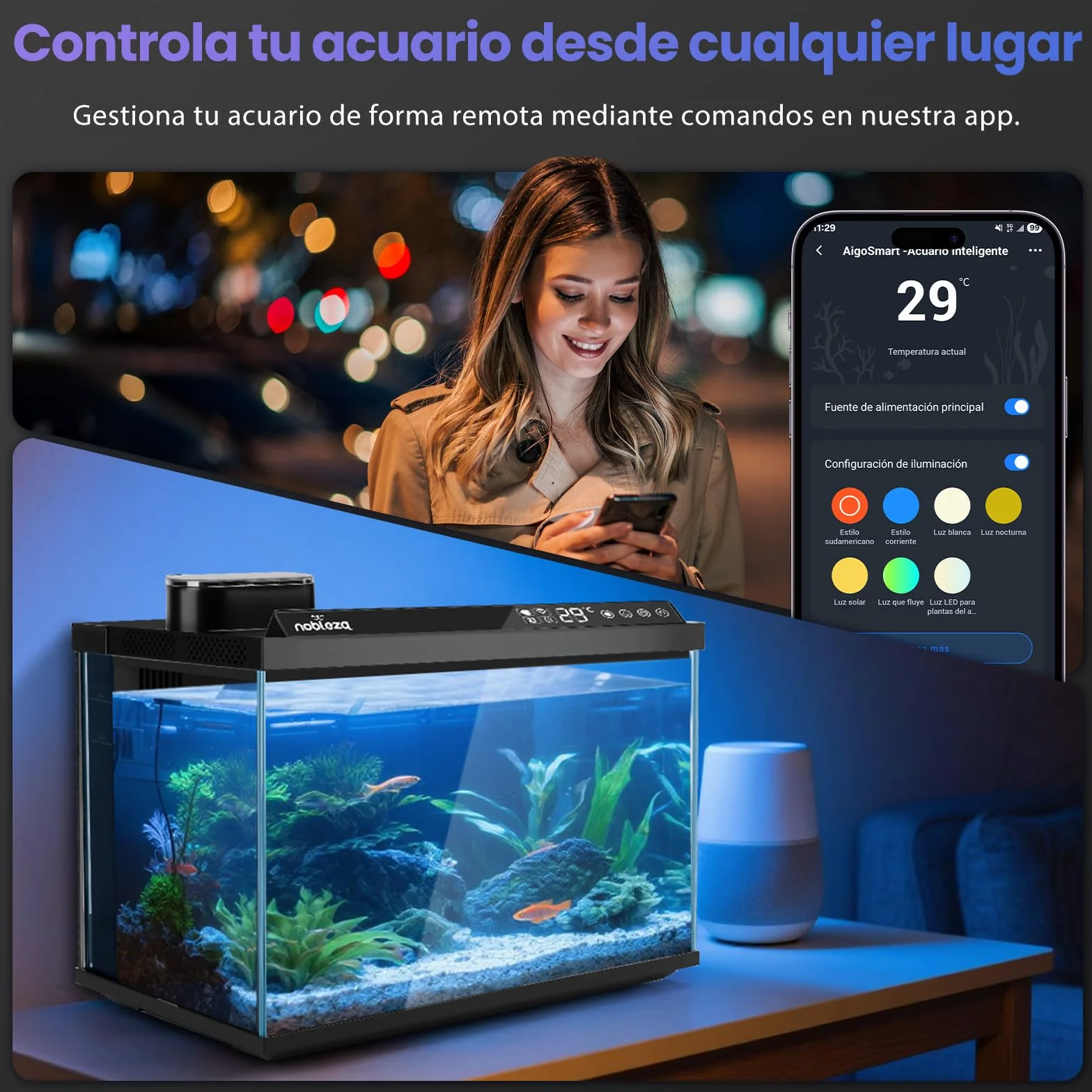 Nobleza Acuario Inteligente 30L - Control por App - Pecera Inteligente con Triple Filtración, Alimentación Remota, Drenaje Automático en 1 Toque - Color Negro
