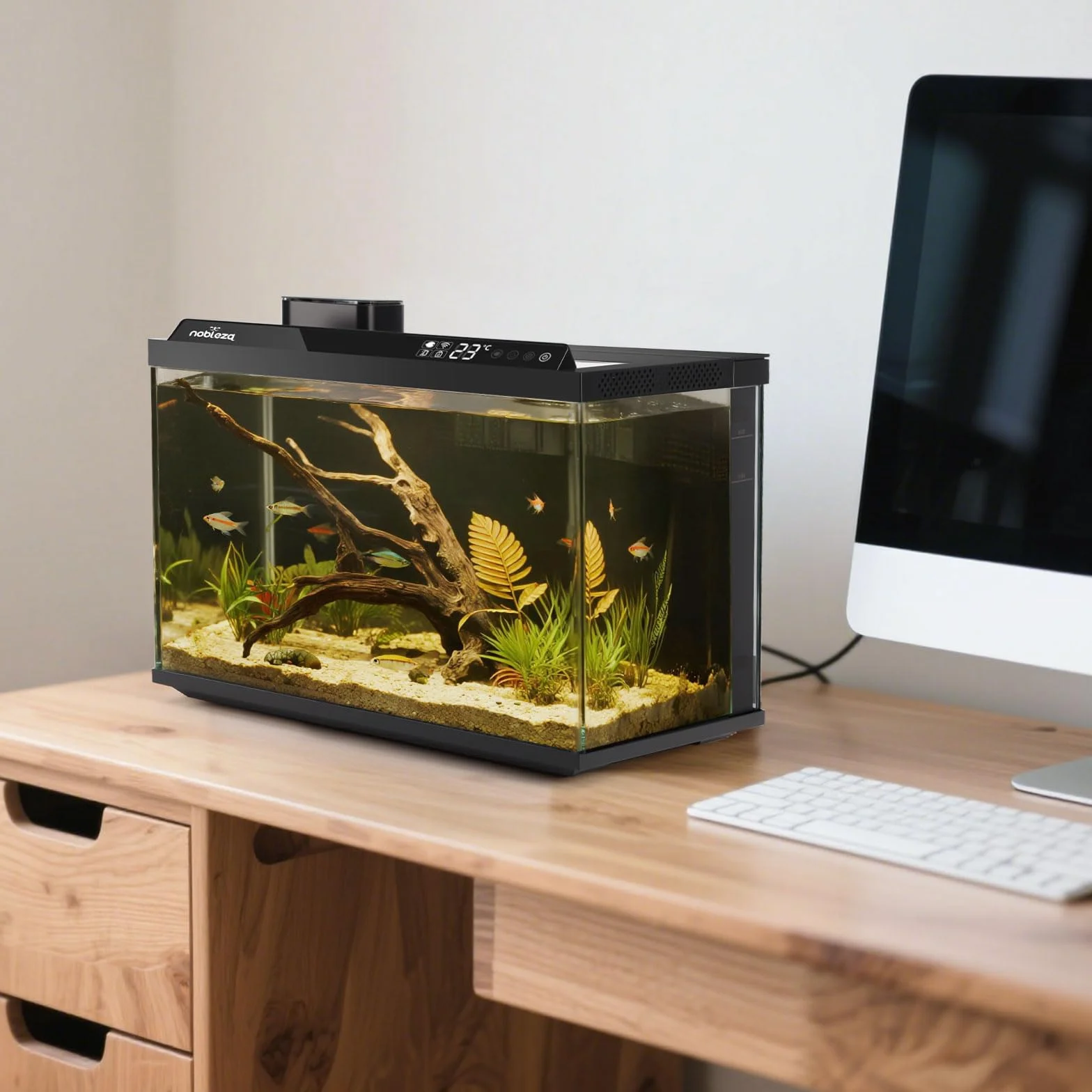 Nobleza Acuario Inteligente 30L - Control por App - Pecera Inteligente con Triple Filtración, Alimentación Remota, Drenaje Automático en 1 Toque - Color Negro