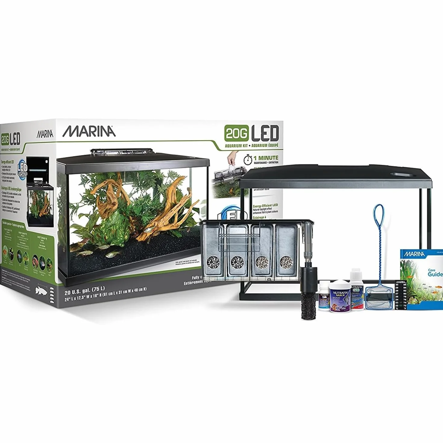 Marina - Kit de Acuario con Iluminación LED, Vidrio, Transparente, 20G, 75 L, 61.4 x 32.2 x 41.9 cm