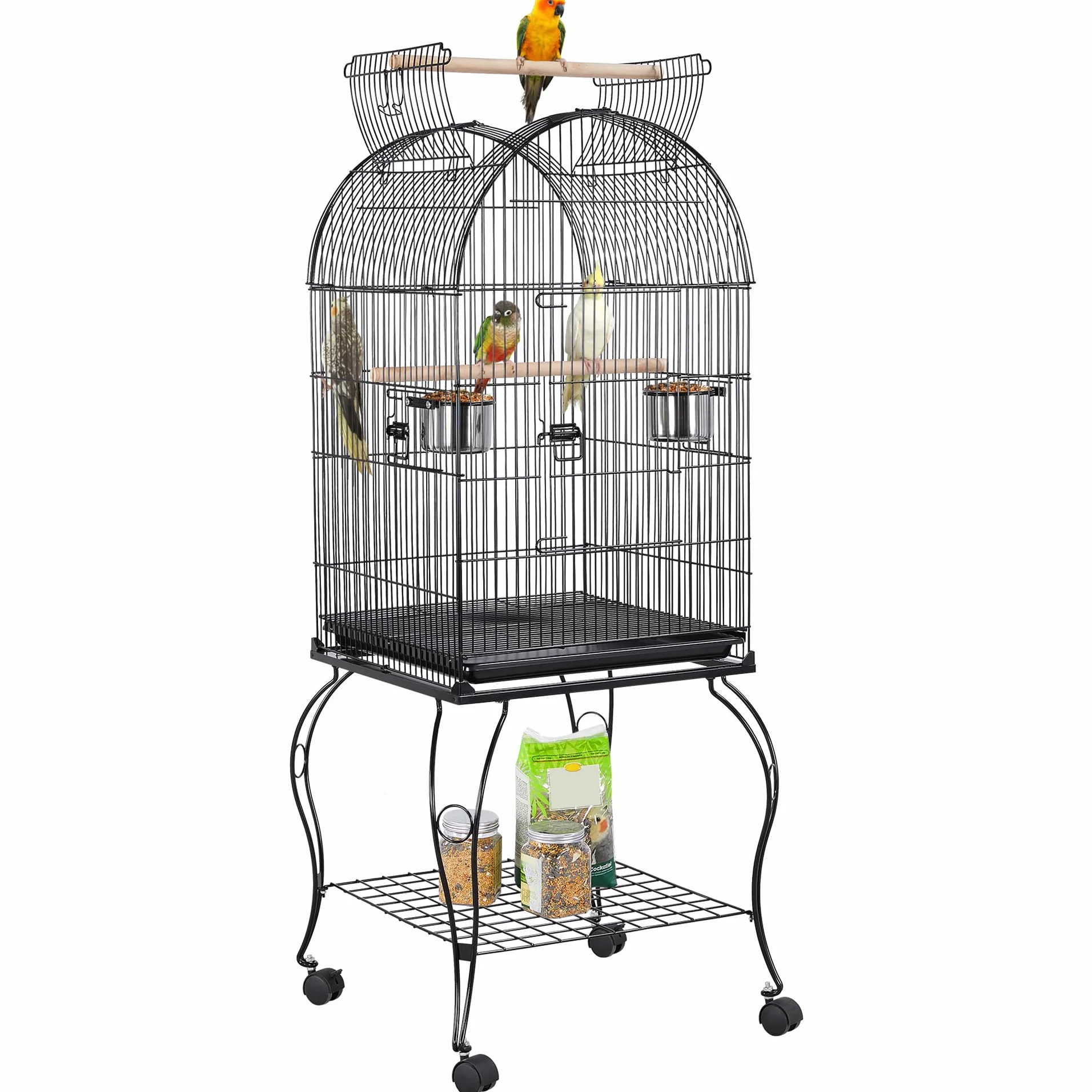 Yaheetech Jaula de Pájaros Jaula con Ruedas Jaula para Loros Canarios Jaula con Perchas para Pájaros 59 x 59 x 150 cm - Metal - Negro