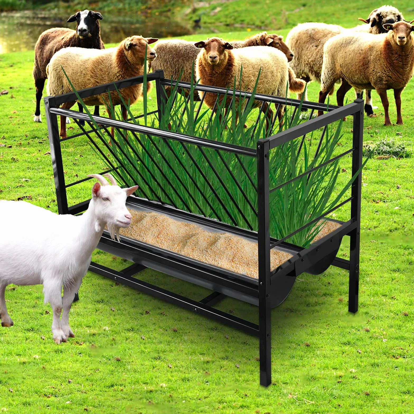 Comederos De Cabra 2 En 1 para Comederos Minerales para Ganado con Acero Metálico y Bandeja De Alimentación Más Profunda para Cabras, Ovejas, Caballos, Burros y Cobertizos para Ovejas