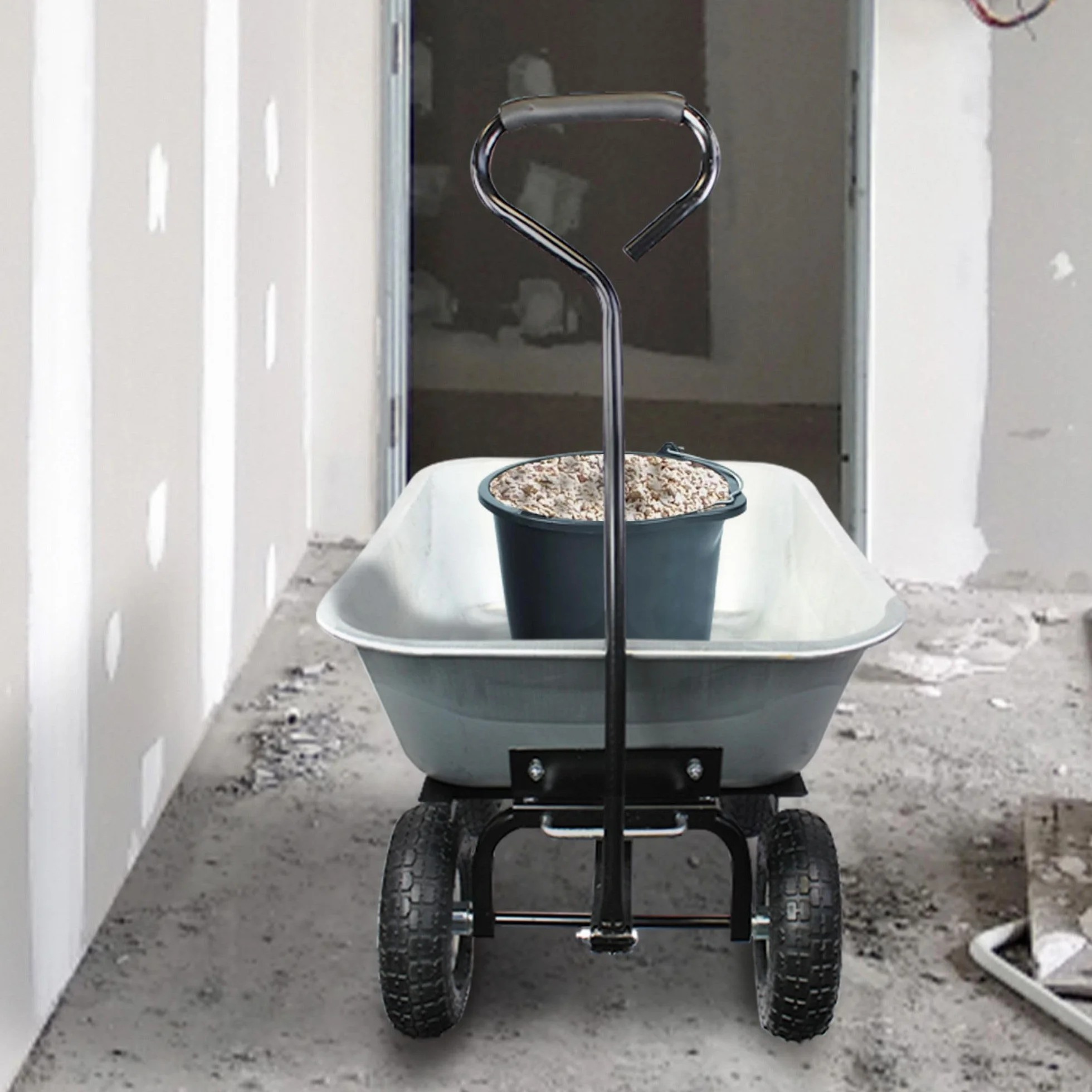 Carretilla Manual de Jardín 75L - Carrito de Jardin con cubeta basculante 4 Ruedas hinchables Ø 260 mm - Capacidad de Carga máx. 250 KG - Mango Largo - 86 x 60,5 CM - Metal galvanizado