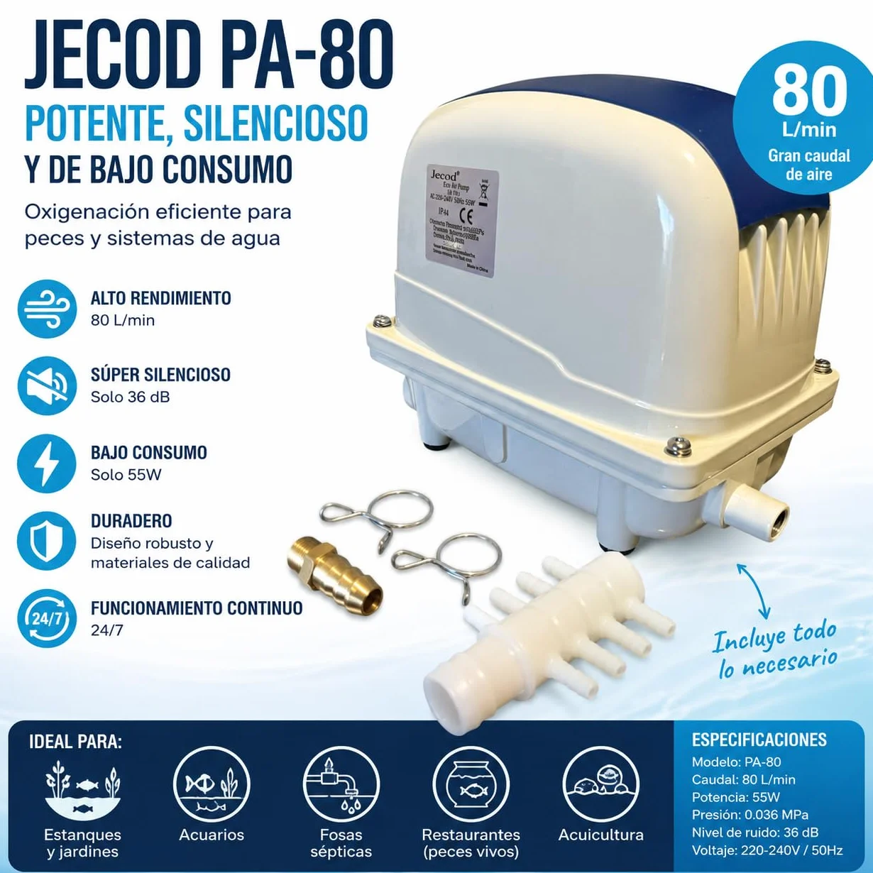 Compresor de Aire Jecod PA-80 para Acuario, Estanque y Fosa Séptica – Bomba de Aire Silenciosa, Oxigenador Potente Bajo Consumo