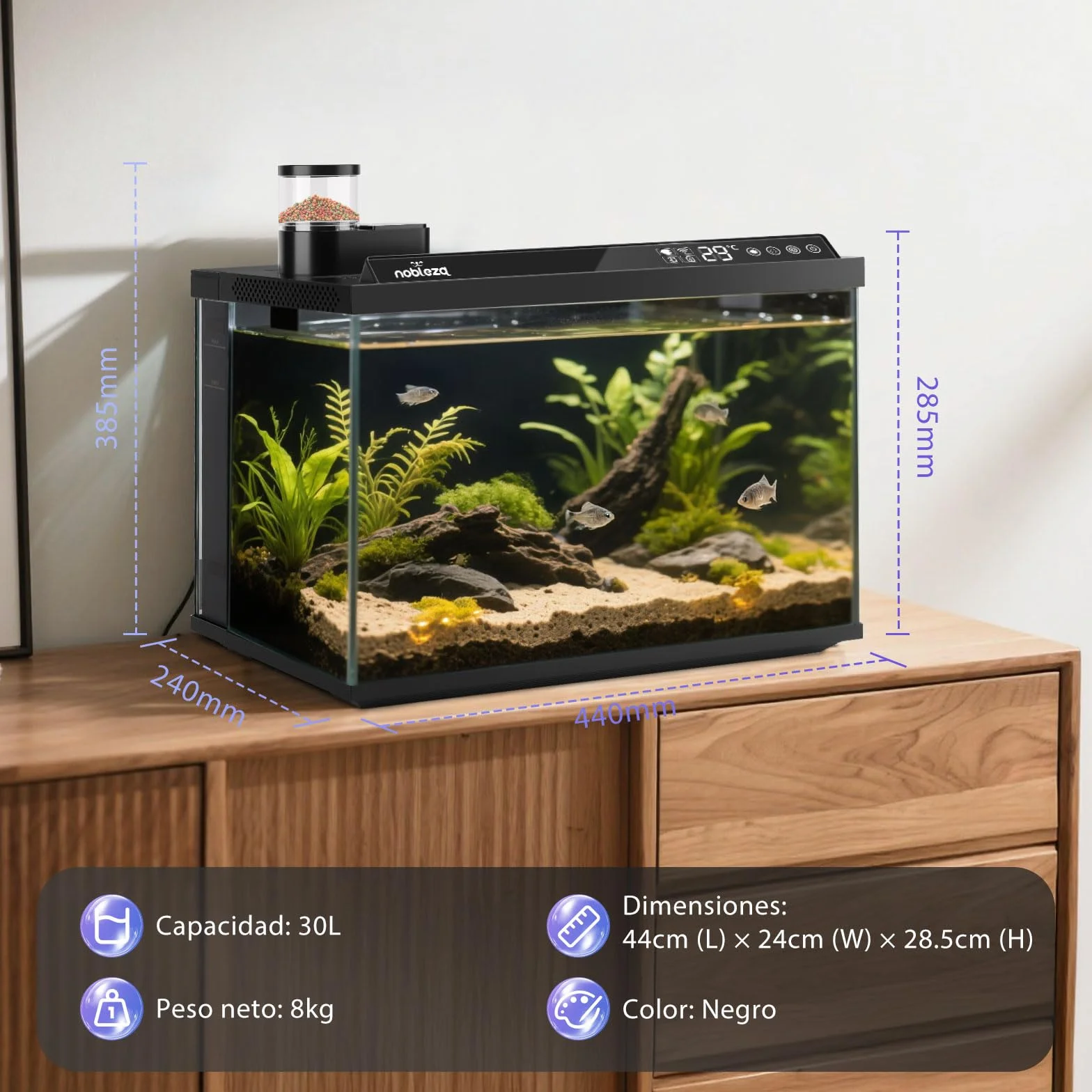 Nobleza Acuario Inteligente 30L - Control por App - Pecera Inteligente con Triple Filtración, Alimentación Remota, Drenaje Automático en 1 Toque - Color Negro