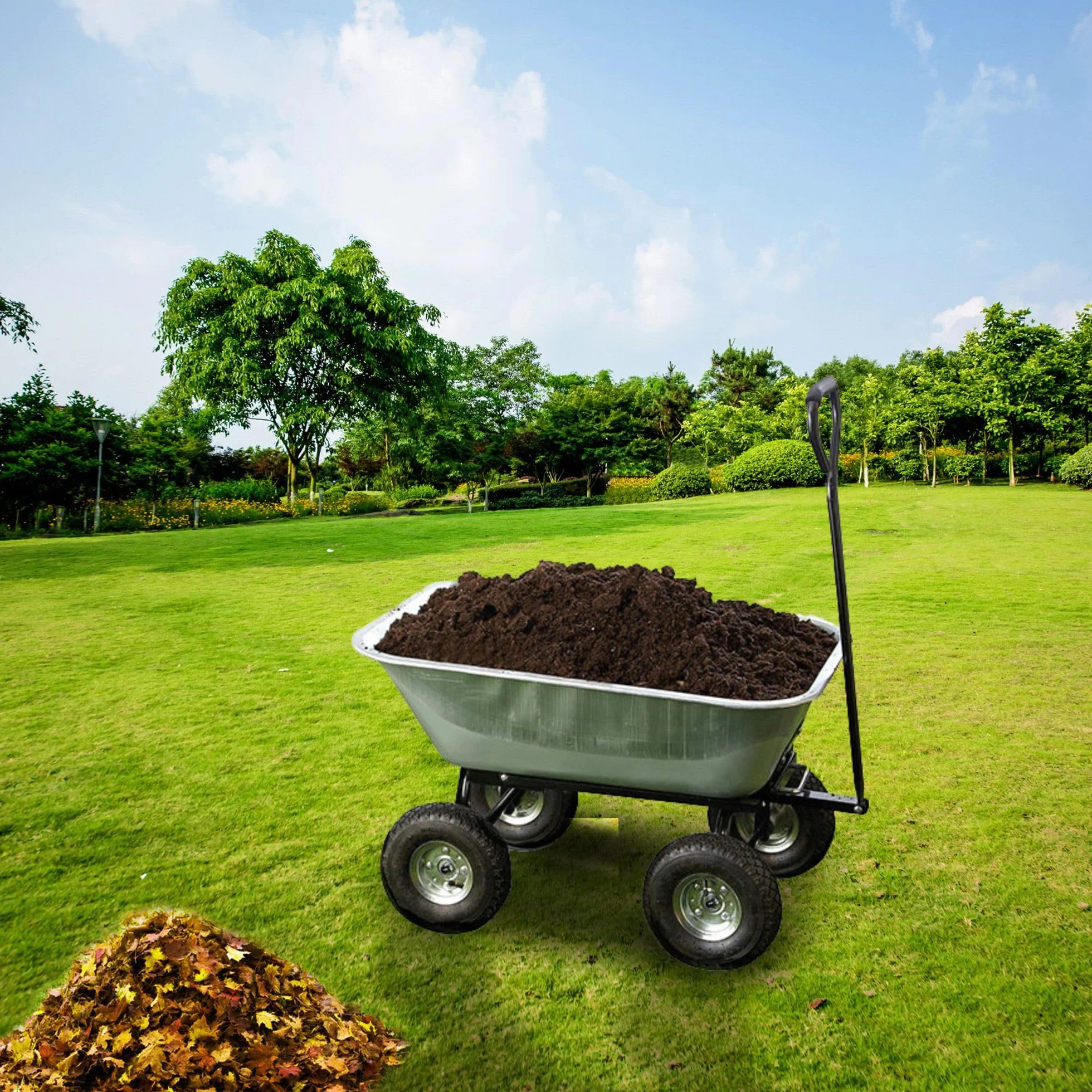 Carretilla Manual de Jardín 75L - Carrito de Jardin con cubeta basculante 4 Ruedas hinchables Ø 260 mm - Capacidad de Carga máx. 250 KG - Mango Largo - 86 x 60,5 CM - Metal galvanizado
