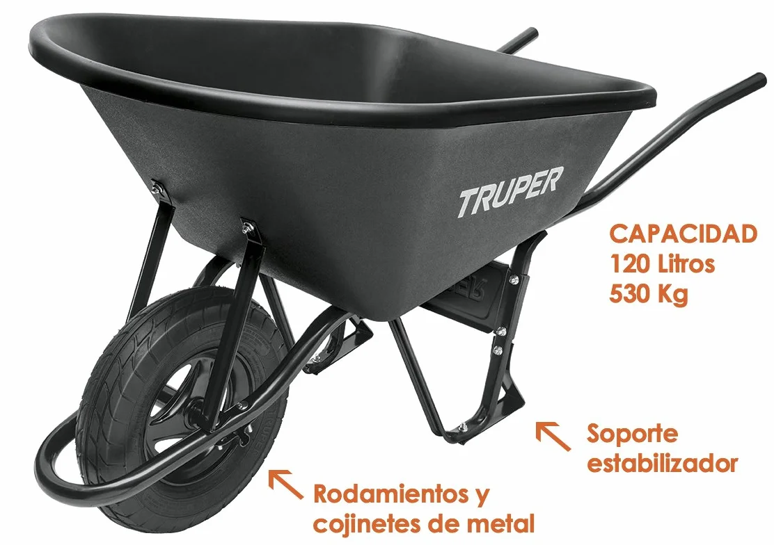 TRUPER CARRETILLA CAPACIDAD 120 LITROS PLÁSTICA LLANTA NEUMÁTICA REFORZADA PARA OBRA Y JARDINERÍA, RESISTE HASTA 530 KILOS