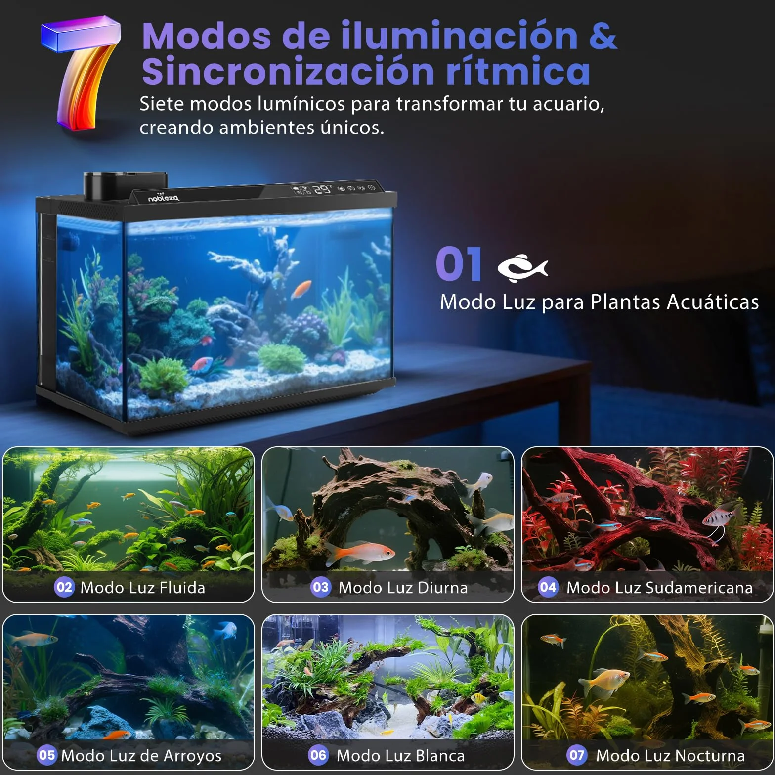 Nobleza Acuario Inteligente 30L - Control por App - Pecera Inteligente con Triple Filtración, Alimentación Remota, Drenaje Automático en 1 Toque - Color Negro