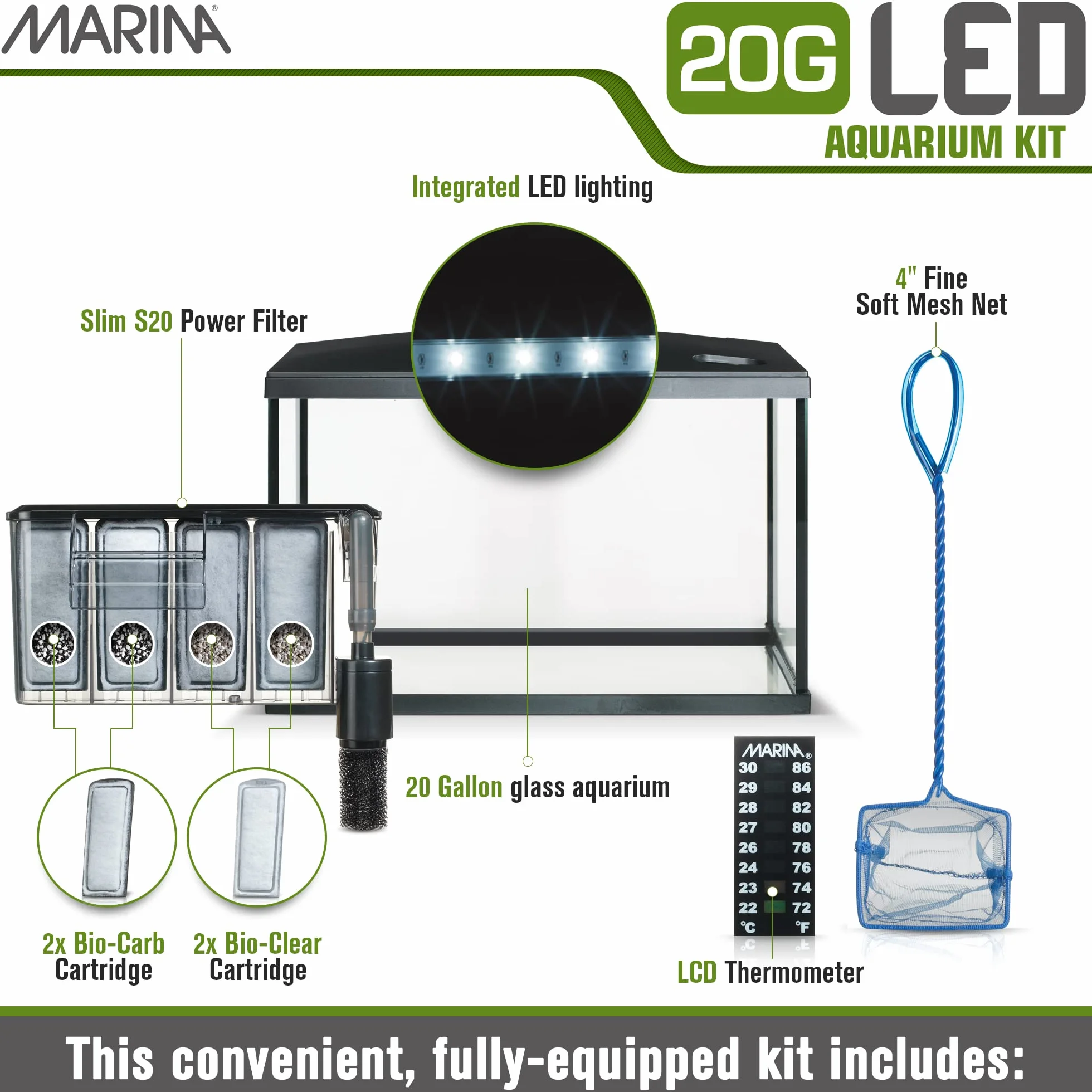 Marina - Kit de Acuario con Iluminación LED, Vidrio, Transparente, 20G, 75 L, 61.4 x 32.2 x 41.9 cm