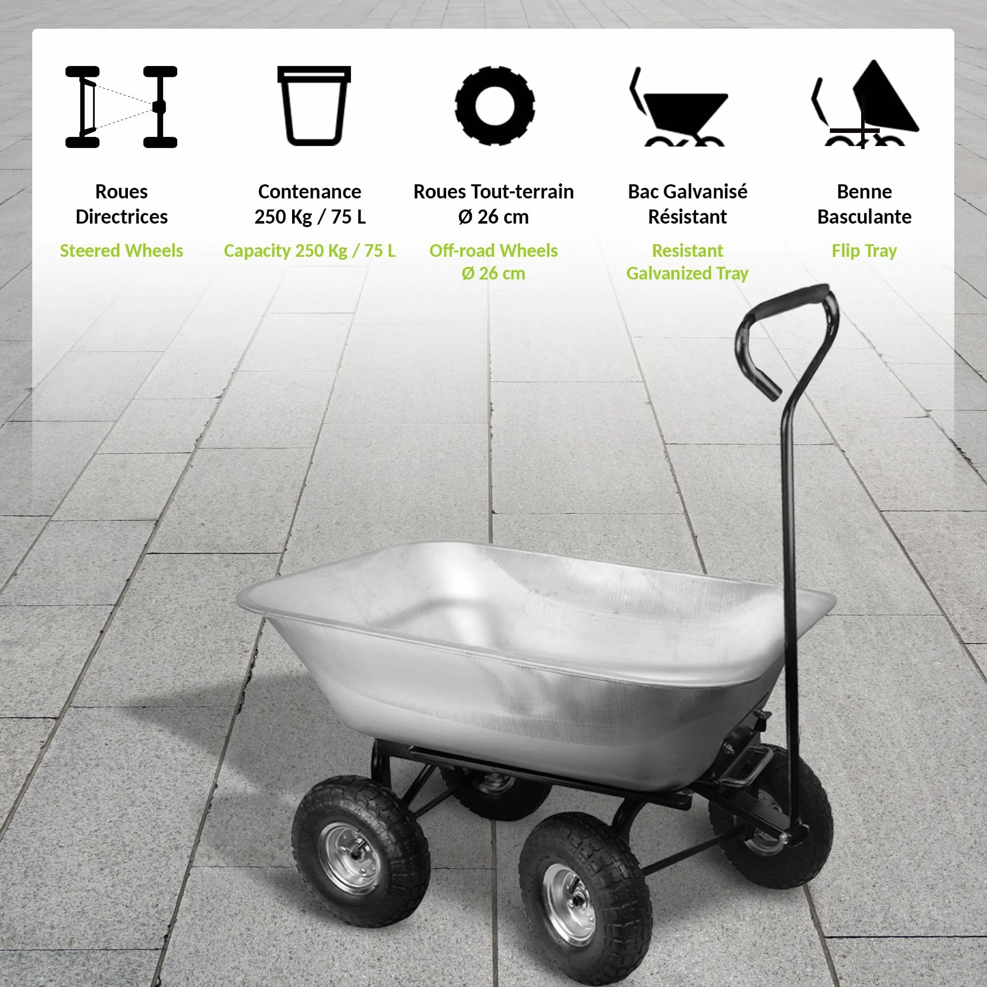 Carretilla Manual de Jardín 75L - Carrito de Jardin con cubeta basculante 4 Ruedas hinchables Ø 260 mm - Capacidad de Carga máx. 250 KG - Mango Largo - 86 x 60,5 CM - Metal galvanizado