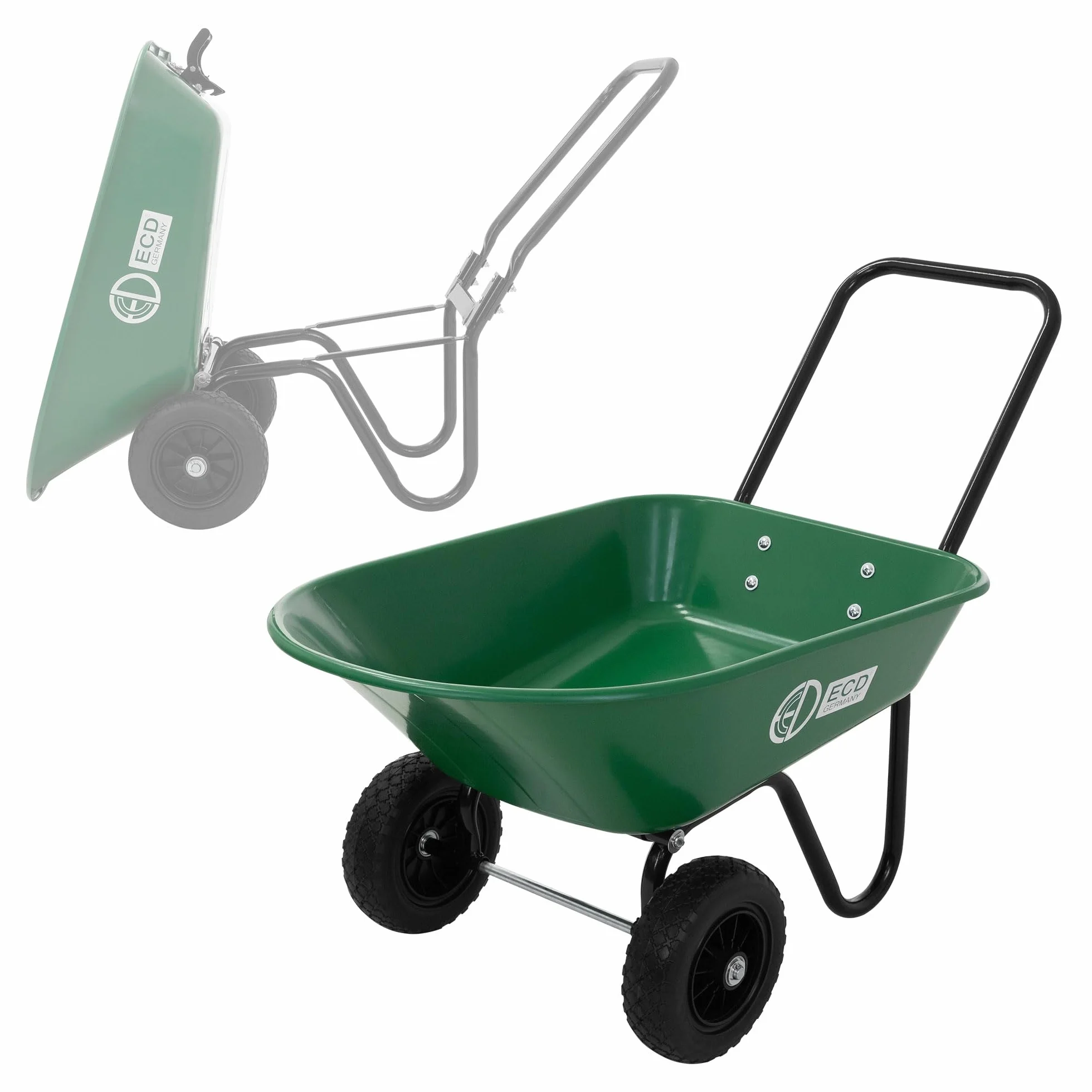 ECD Germany Carretilla de Jardín con Función Basculante de 78 L Carro de Mano para Obras con 2 Ruedas de PU y Cubeta de PP Herrameinta de Empuje Estructura de Acero con Capacidad de Carga de 100 kg