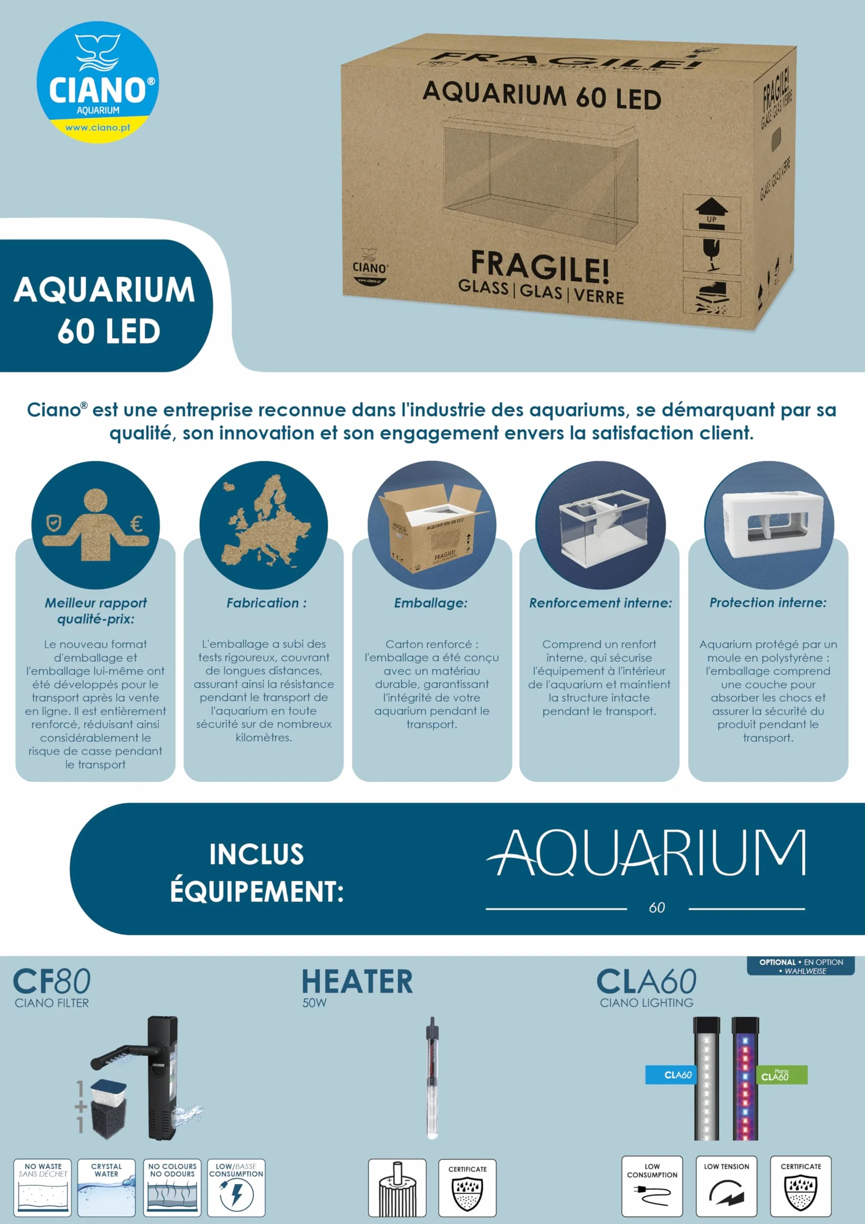 Ciano, Acuario 60 Blanco, para Peces, Equipado con Filtro, consumibles, LED y calefacción, 58L, Embalaje Reforzado para envío Web