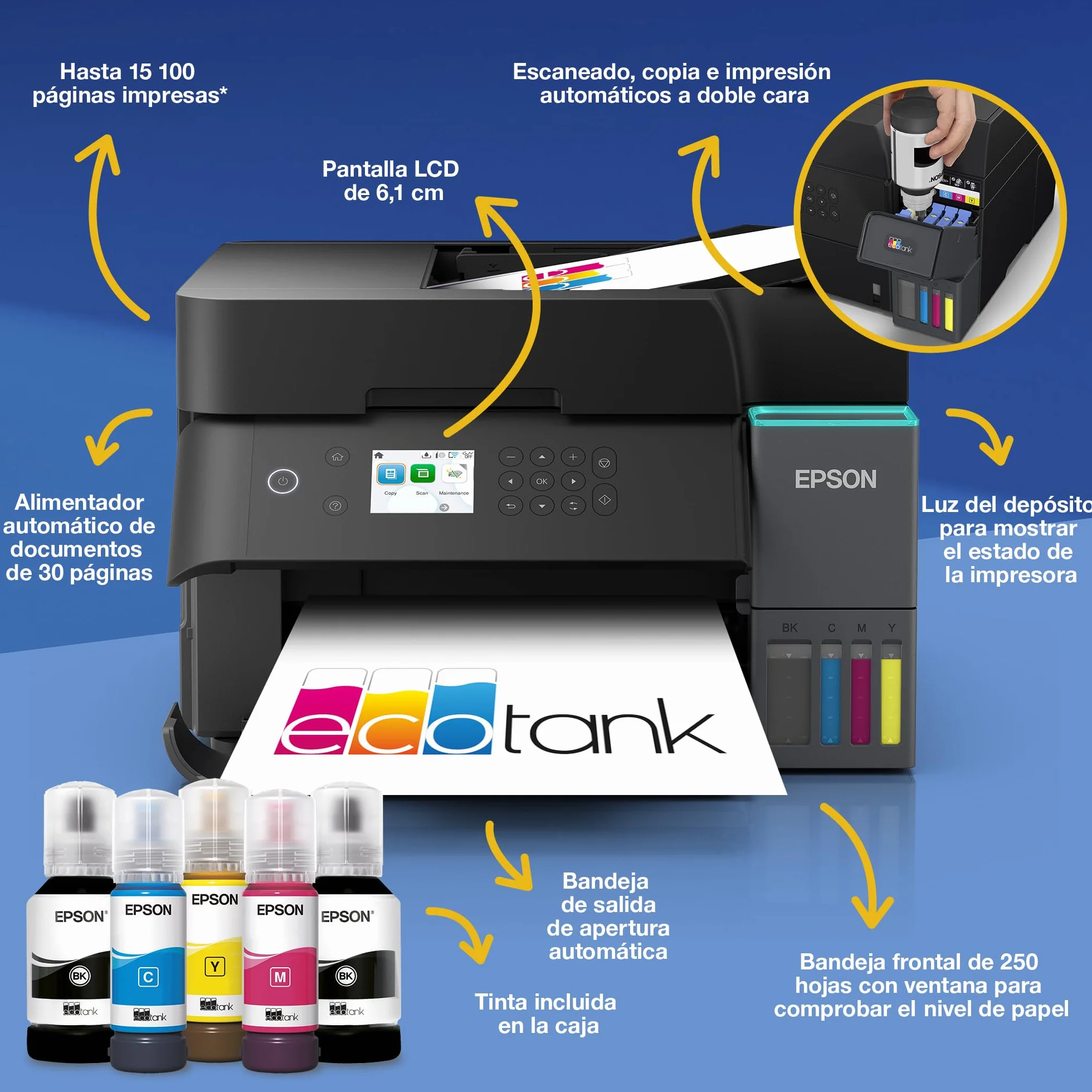 Epson EcoTank ET-3950 Impresora de Depósito de Tinta Wi-Fi A4 Doble Cara Imprimir Copiar Escanear Pantalla LCD 6,1cm ADF 30 Hojas Tinta Incluida