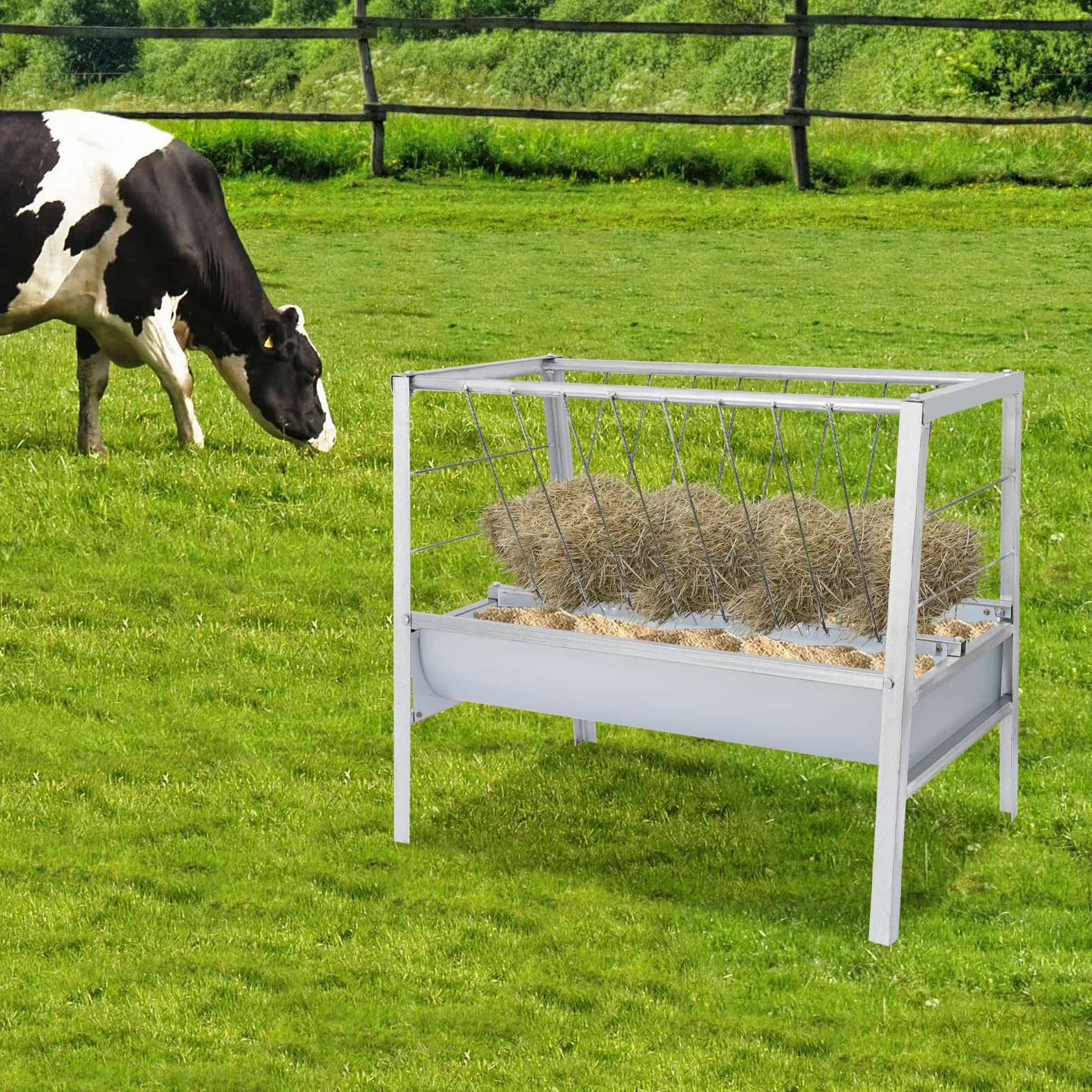 Comedero de heno grande para ganado, 2 en 1, comedero para heno y granos, comedero de acero independiente, para cabras, ovejas, caballos y ganado (200 L)