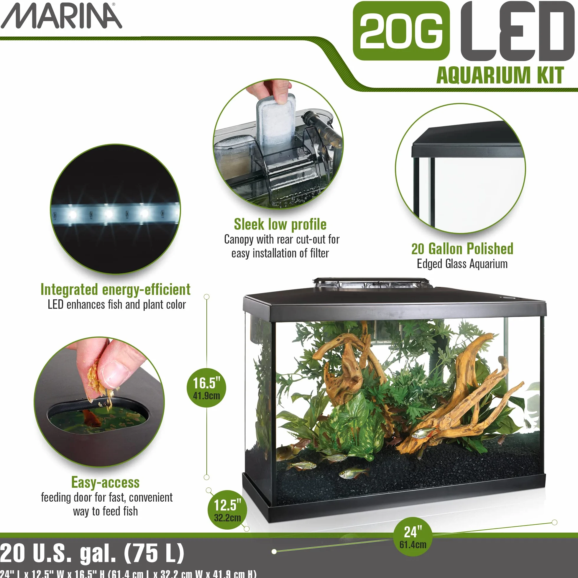 Marina - Kit de Acuario con Iluminación LED, Vidrio, Transparente, 20G, 75 L, 61.4 x 32.2 x 41.9 cm