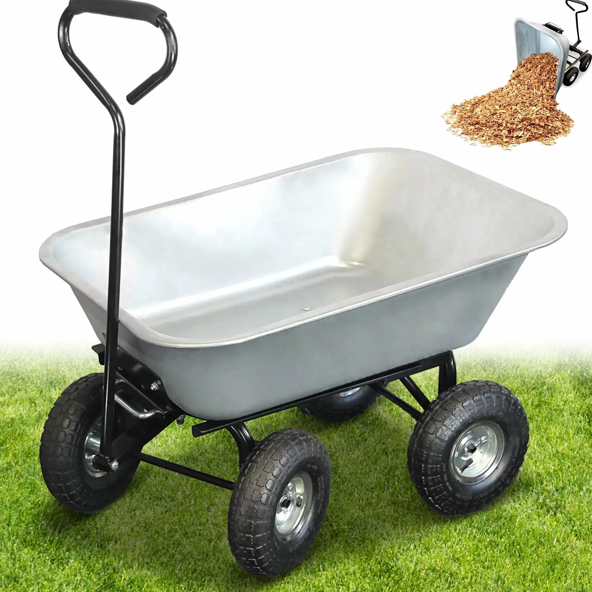 Carretilla Manual de Jardín 75L - Carrito de Jardin con cubeta basculante 4 Ruedas hinchables Ø 260 mm - Capacidad de Carga máx. 250 KG - Mango Largo - 86 x 60,5 CM - Metal galvanizado