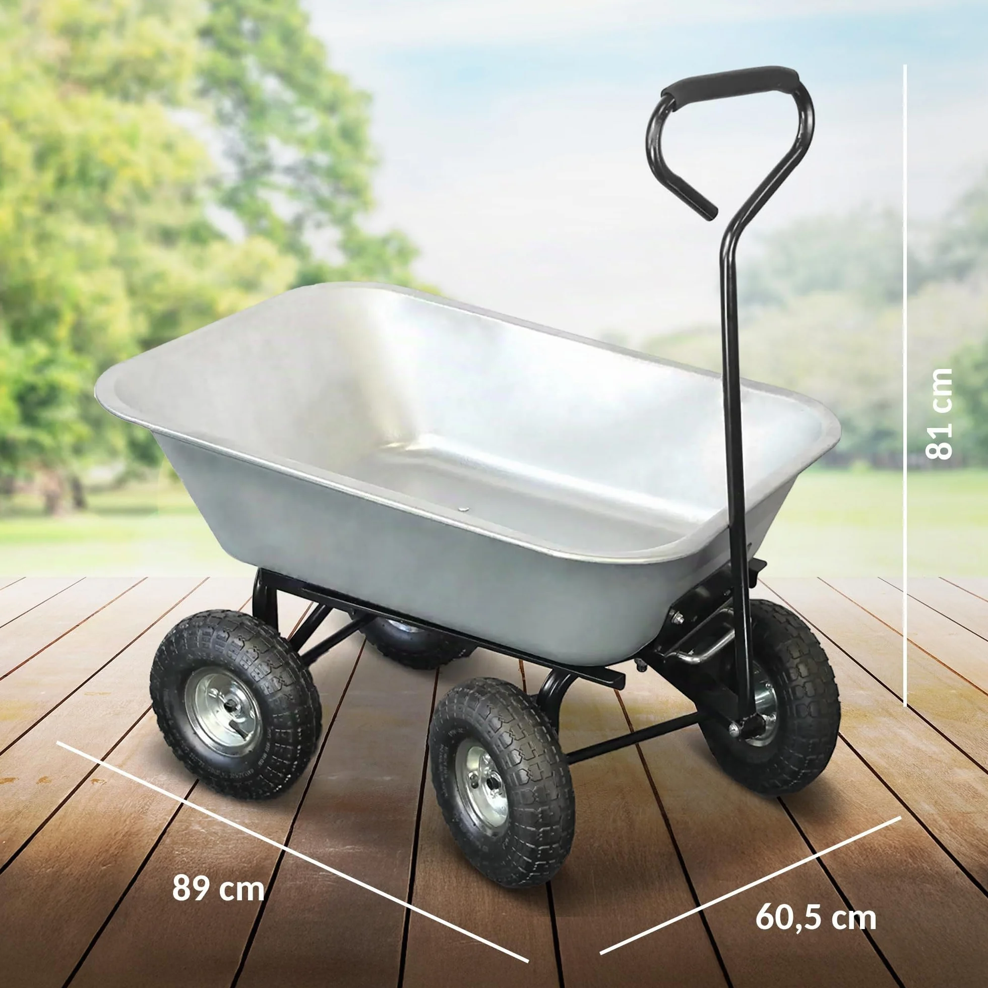 Carretilla Manual de Jardín 75L - Carrito de Jardin con cubeta basculante 4 Ruedas hinchables Ø 260 mm - Capacidad de Carga máx. 250 KG - Mango Largo - 86 x 60,5 CM - Metal galvanizado