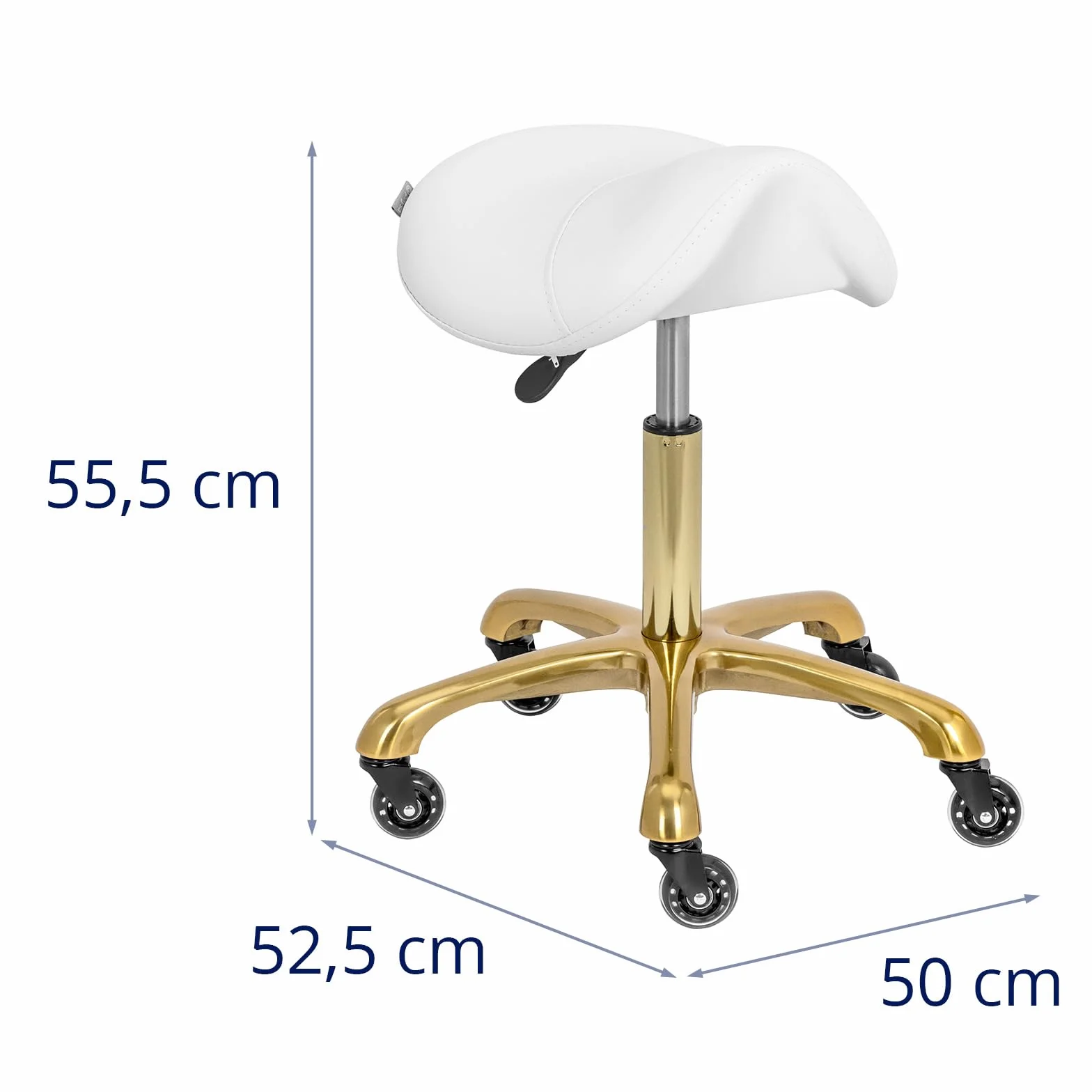 physa Taburete de Estética con Ajuste de Altura 55-70 cm para hasta 150 kg Blanco y Dorado Taburete de oficina tipo silla de montar Taburete pony Taburete de estética con ruedas