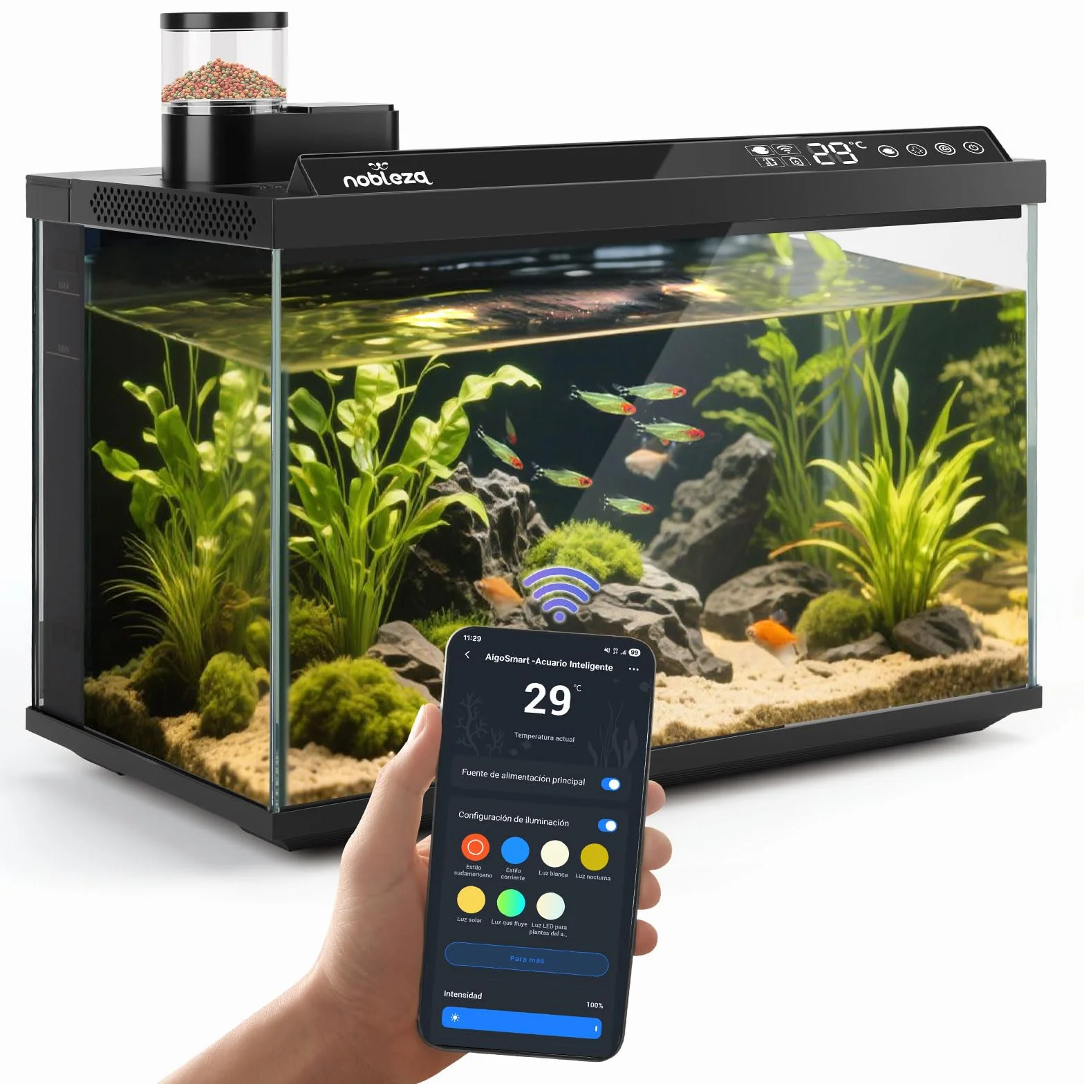 Nobleza Acuario Inteligente 30L - Control por App - Pecera Inteligente con Triple Filtración, Alimentación Remota, Drenaje Automático en 1 Toque - Color Negro